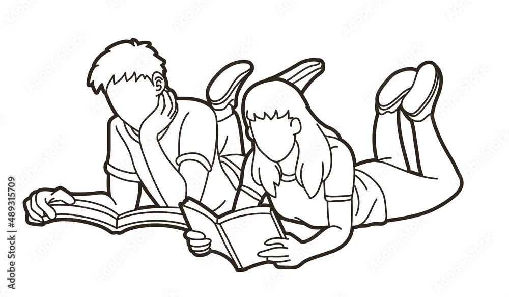 Obraz premium Group of Children Reading Books Together Cartoon Graphic Vector
