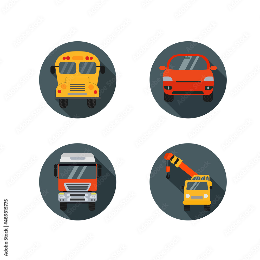 Car icons set. Transport flat icons. Car icons collection with shadow isolated on the white background. Car icons front view, from front. School bus icon, truck icon, crane icon, automobile icon. Car icons set. Transport flat icons. Car icons collection with shadow isolated on the white background. Car icons front view, from front. School bus icon, truck icon, crane icon, automobile icon.
