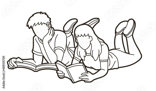 Group of Children Reading Books Together Cartoon Graphic Vector