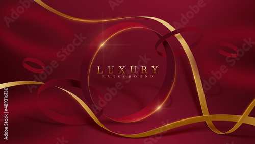 Red luxury background. Circle frame and golden ribbon elements with glitter light effect decoration.