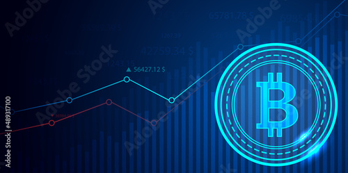 Bitcoin business stock growth. chart shows a strong increase in the price of bitcoin. Investing in virtual assets. Investment platform with charts and bitcoin coin. vector design