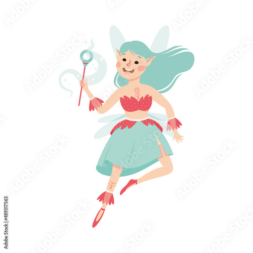Cute Girl Fairy Flying with Wings Holding Magic Wand Vector Illustration. Little Pixie in Pretty Dress Hovering Around as Fantastic Creature from Fairytale Concept