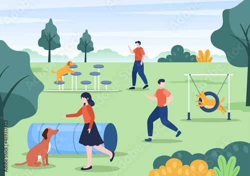 Dogs Training Center at Playground with Instructor Teaching Pets or Play for Tricks and Jumping Skills in Flat Cartoon Background Illustration