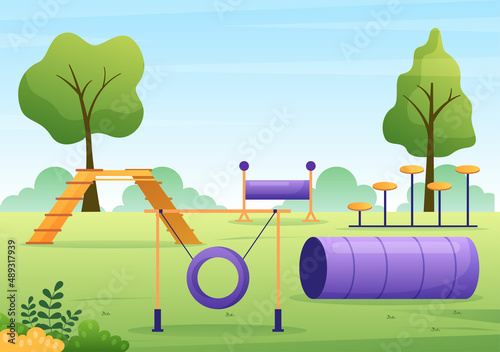 Dogs Training Center at Playground with Instructor Teaching Pets or Play for Tricks and Jumping Skills in Flat Cartoon Background Illustration