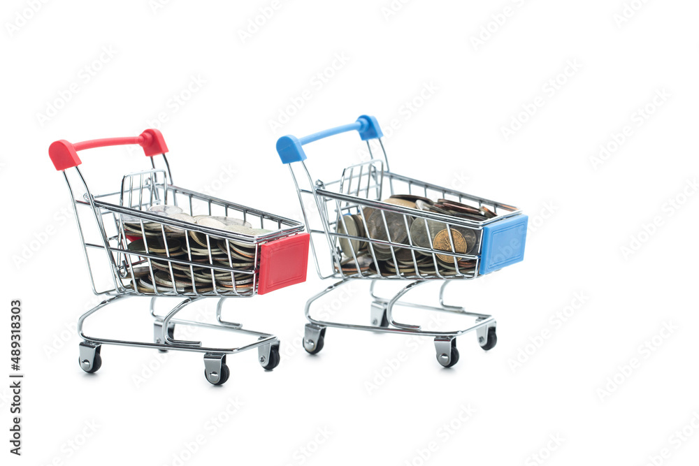 Two Shopping Carts Full of Coins Currencies As Concept of Loan, Investment, Pension, Savings,Financing, Debt, Mortgage, Crisis or Rise Over White. Two Shopping Carts Full of Coins Currencies As Concept of Loan, Investment, Pension, Savings,Financing, Debt, Mortgage, Crisis or Rise Over White.