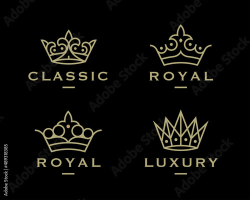 Royal gold crown logo set. Luxury king brand icons. Elegant golden business symbol collection. Premium design element illustration vector pack
