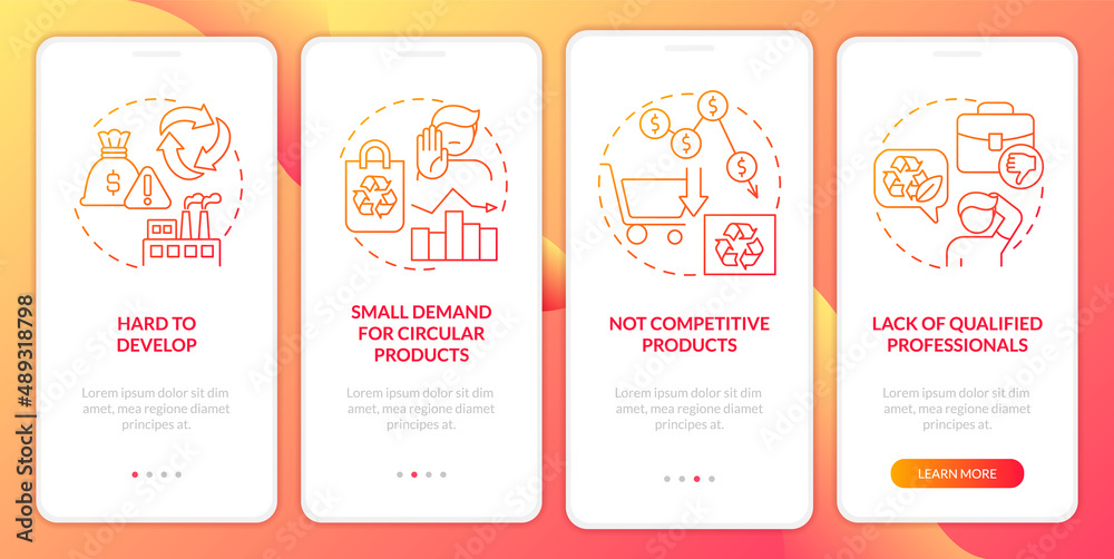 Circular economy obstacles red gradient onboarding mobile app screen