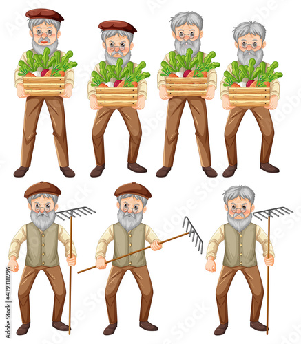 Set of old farmer with different poses