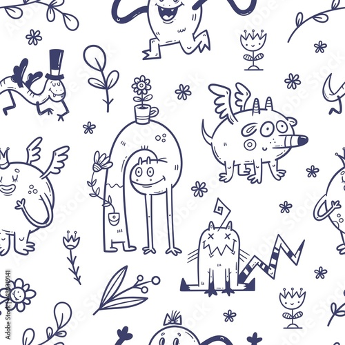 Seamless pattern with cute monsters on white background. Cartoon funny creatures print. Doodle plants wallpaper.