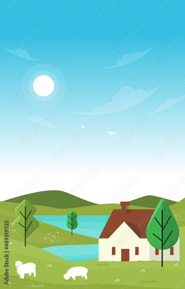 Little House Hill Lake Beautiful Summer Rural Nature Landscape Card