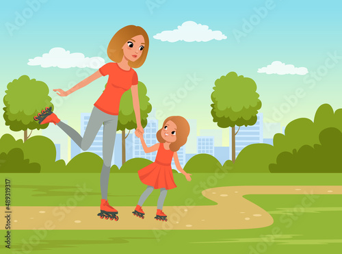 Happy Mom and Her Daughter Roller Skating in the Park Enjoying Sport Activity Vector Illustration