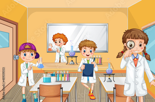 Scientist kids in laboratory room scene