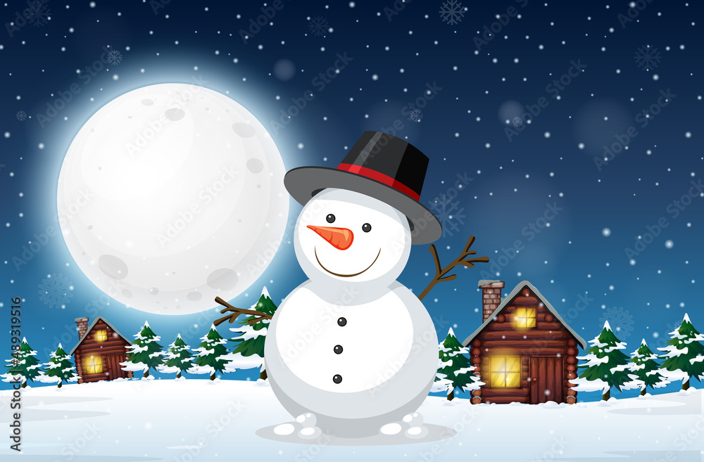 Obraz premium Snowy winter night with cute snowman