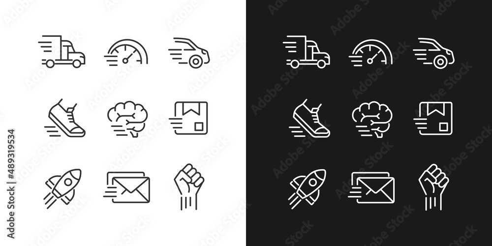 Motion and speed pixel perfect linear icons set for dark, light mode Motion and speed pixel perfect linear icons set for dark, light mode