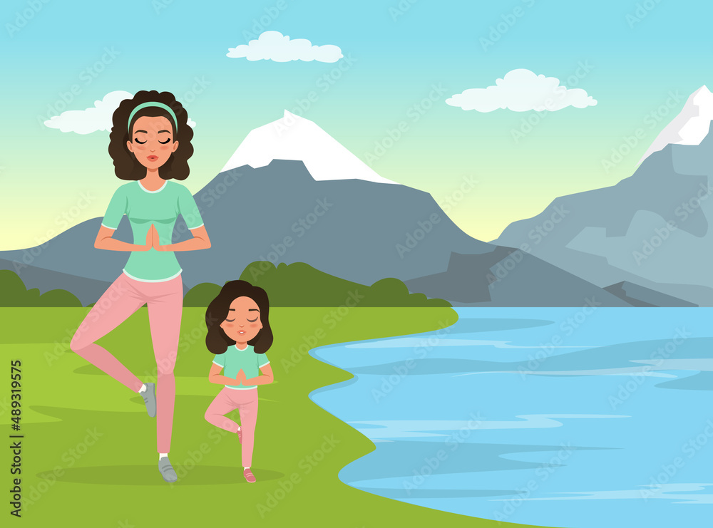 Happy Mom and Her Daughter Standing in Yoga Pose Near River Enjoying Sport Activity Vector Illustration