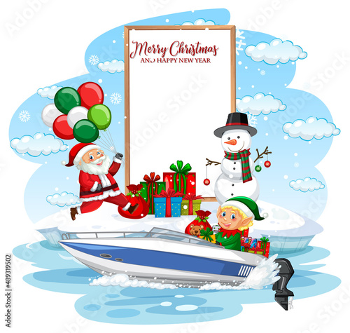 Empty banner with Christmas elf delivering gifts by a boat