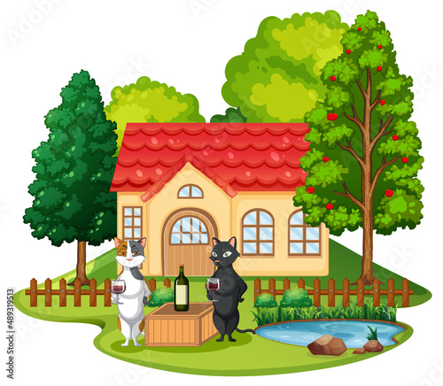 Two cats drinking wine in front of house