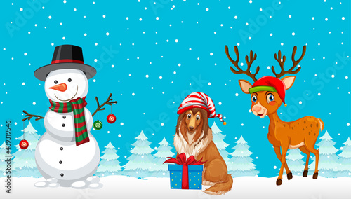 Christmas cartoon characters on snowy blue background