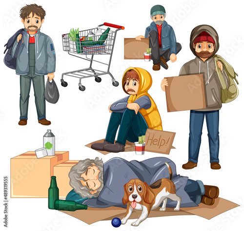 Set of homeless man in different poses