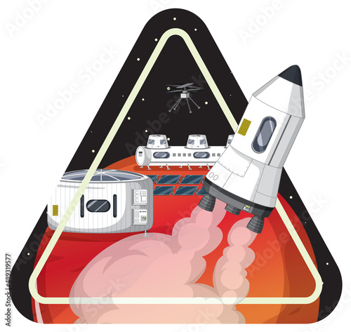 Rocket in the space badge on white background