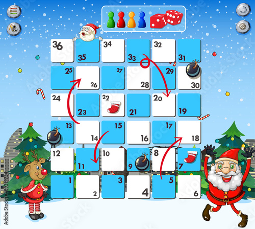 Snake and ladders game template in Christmas theme