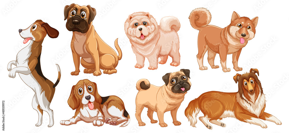 Obraz premium Set of different cute dogs in cartoon style