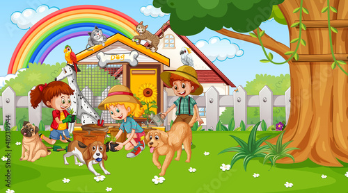 Park scene with children playing with their animals