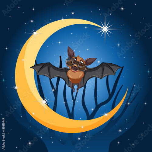 Cartoon bat with crescent moon background