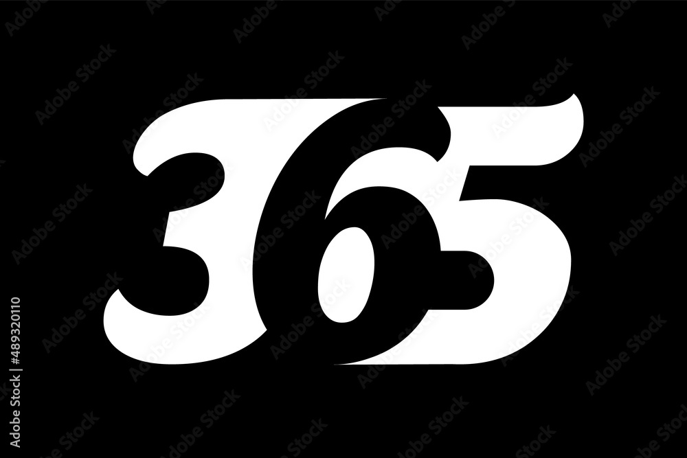 365 logo on black background. White text with negative space effect ...