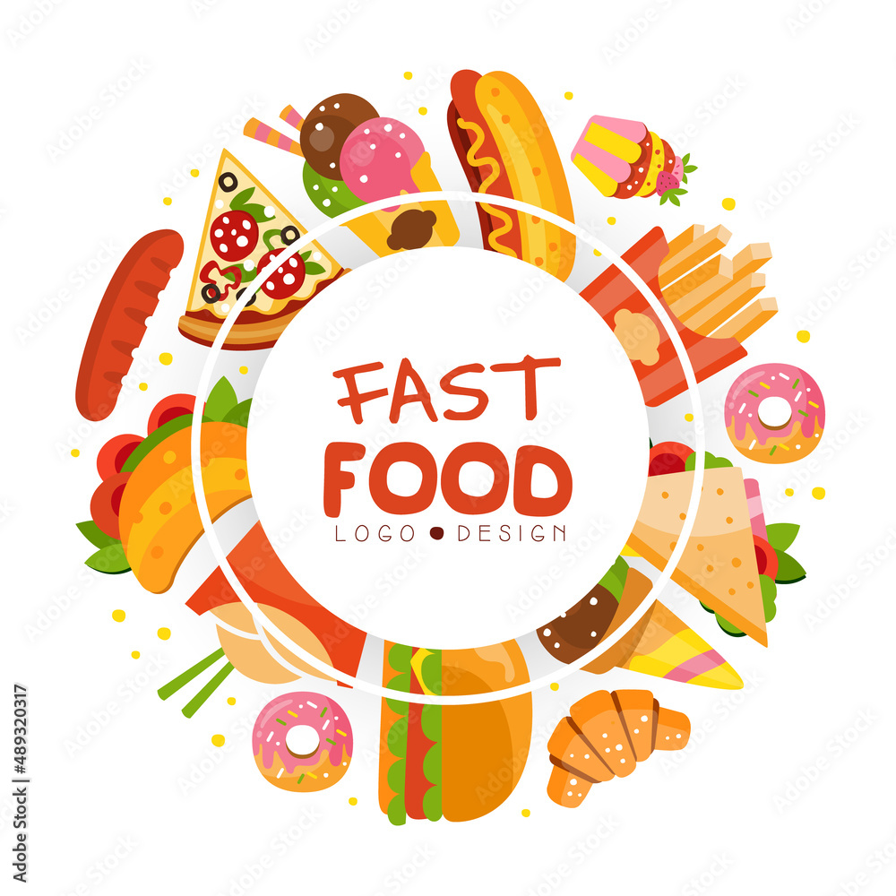 Fast Food with Hot Dog and Pizza Vector Card Template