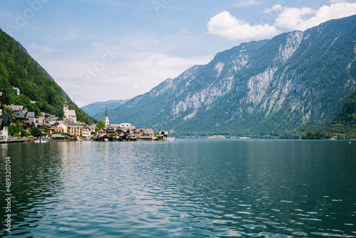 Summer landscape of Hallstatt and the Hallstätter See lake in the Alps in Austria
