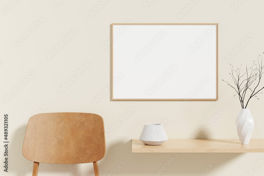 Minimalist and clean horizontal wooden poster or photo frame mockup on the wooden table in room