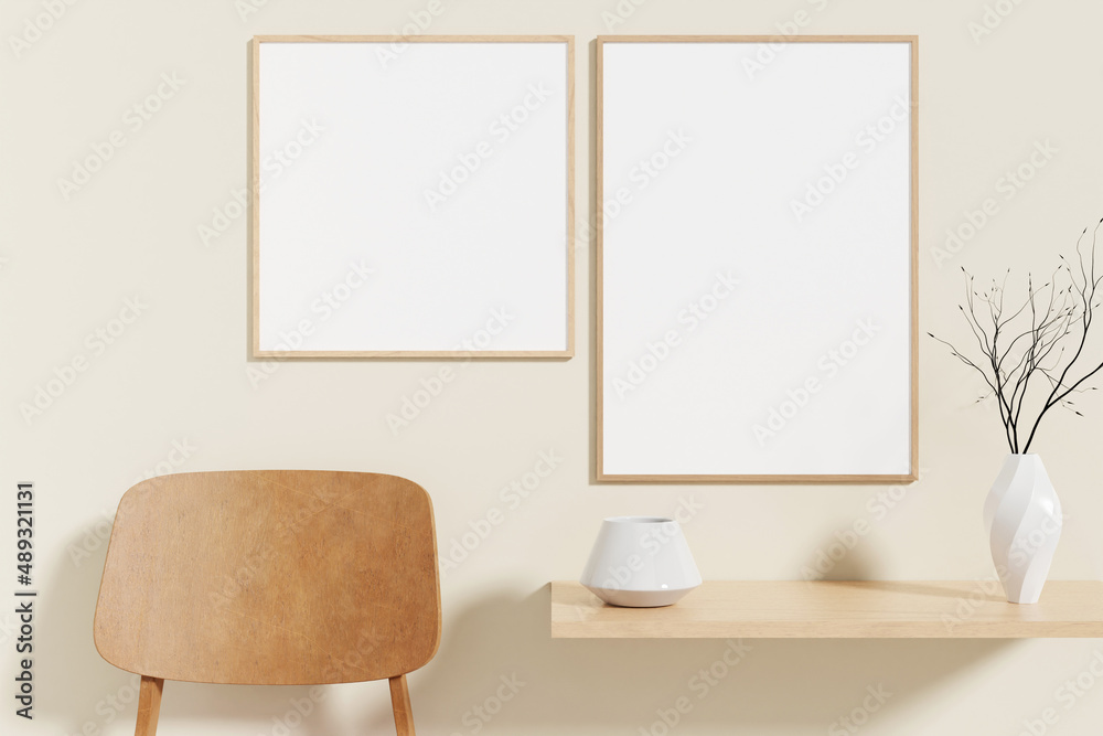 Minimalist and clean wooden poster or photo frame mockup on the wooden table in living room Minimalist and clean wooden poster or photo frame mockup on the wooden table in living room