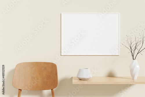 Minimalist and clean horizontal white poster or photo frame mockup on the wooden table in room © CreatifyStudio