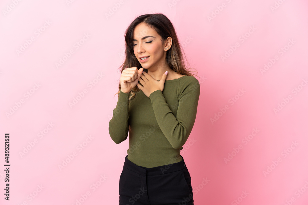 Young caucasian woman isolated on pink background coughing a lot Young caucasian woman isolated on pink background coughing a lot