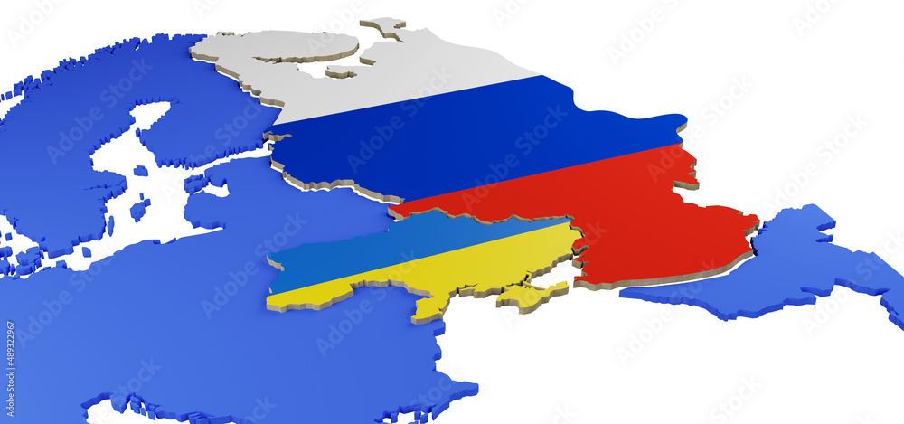 Obraz premium Russia and Ukraine war in the Middle East Europe. Ukraine crisis map. Ukraine and Russia military conflict. Geopolitical concept. 3d isolated white illustration. 25/02/2022