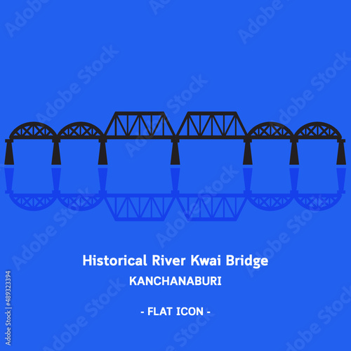 Historical River Kwai Bridge, Kanchanaburi, Thailand, flat icon vector illustration