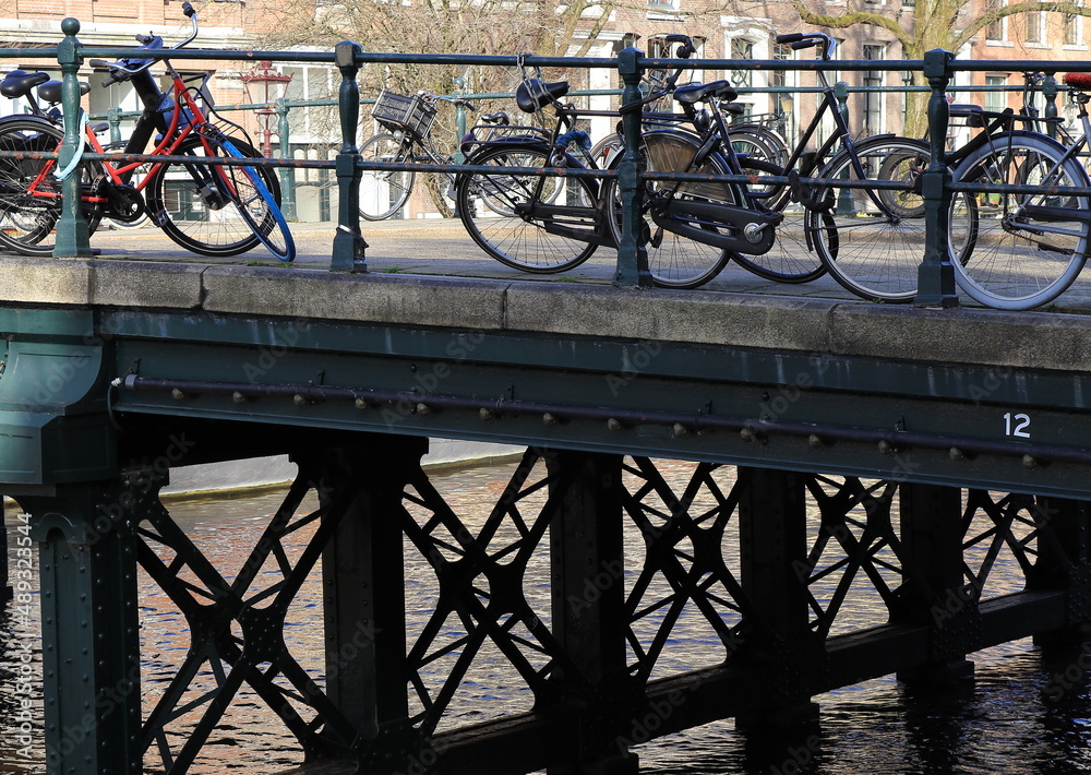 Amsterdam Corgsenbrug Bridge Detail with Parked Bicycles, Netherlands