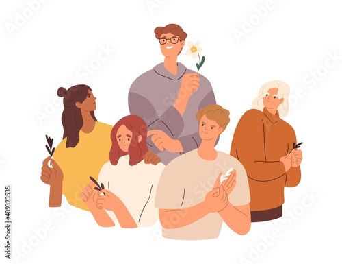 Arrogant person, narcissist among annoyed people. Conceited selfish egoist with superior ego enjoying himself. Narcissism, superiority concept. Flat vector illustration isolated on white background
