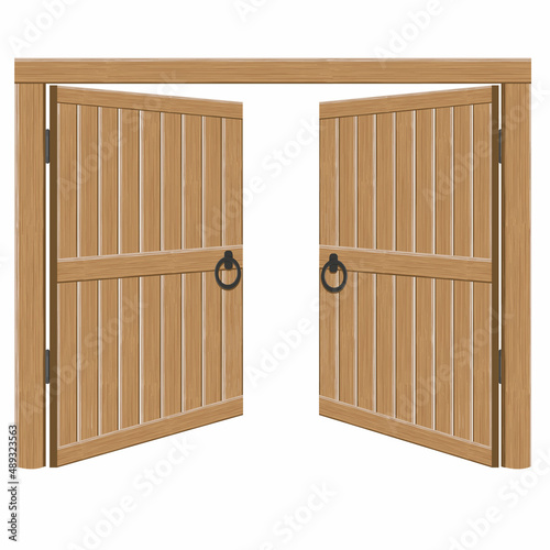 Old wooden massive open gates, vector illustration. Double door with iron handles and hinges