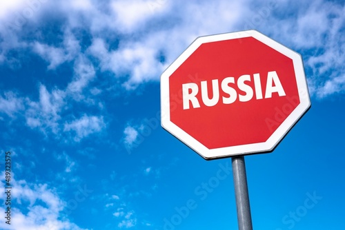 Traffic sign with RUSSIA text as a protest again Russian aggression to Ukraine and invasion