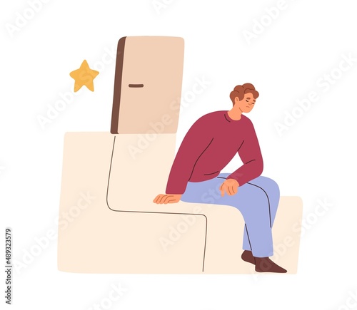 Unhappy person in trouble giving up. Sad hopeless man in fear dont try to leave comfort zone. Desperate pessimist losing hope. Psychology concept. Flat vector illustration isolated on white background