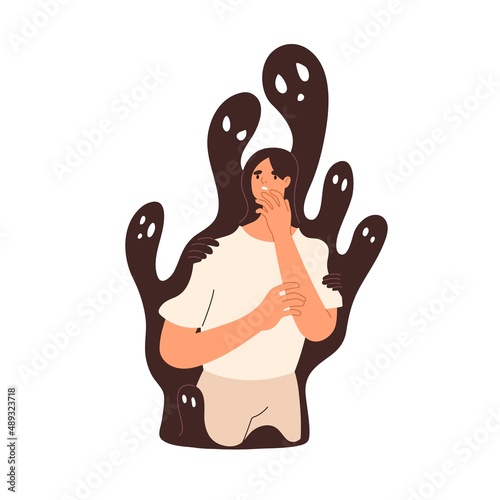 Person with paranoia and depression. Delusion and persecution mania concept. Personality with schizophrenia, anxiety, phobias, mental problem. Flat vector illustration isolated on white background photo