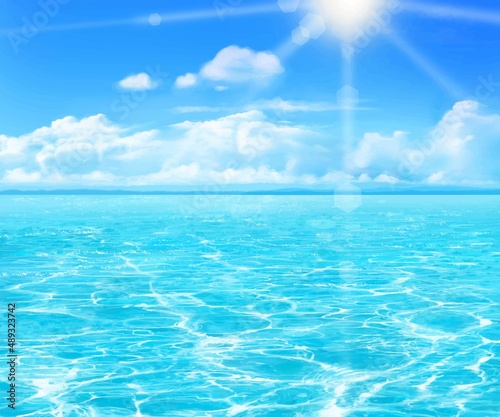 夏の太陽の光差し込む爽やかな雲のある青い空と海のゆらめく波の美しいフレームイラスト素材 