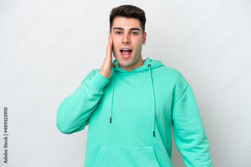 Young caucasian man isolated on white background with surprise and shocked facial expression Young caucasian man isolated on white background with surprise and shocked facial expression