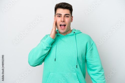 Young caucasian man isolated on white background with surprise and shocked facial expression © luismolinero
