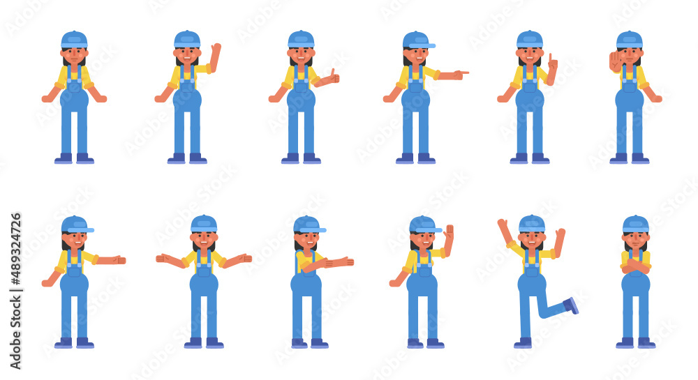 Set of woman auto mechanic, worker or courier characters showing various hand gestures. Modern vector illustration