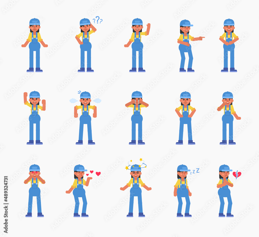 Set of woman auto mechanic, worker or courier characters showing various emotions. Modern vector illustration