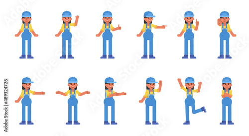 Set of woman auto mechanic, worker or courier characters showing various hand gestures. Modern vector illustration