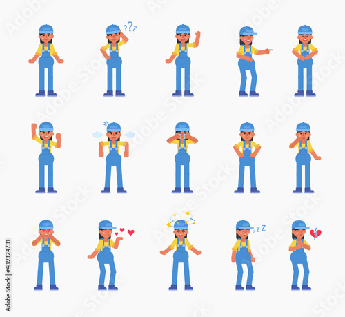 Set of woman auto mechanic, worker or courier characters showing various emotions. Modern vector illustration